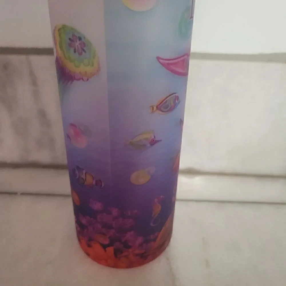 Multicolor Tumbler w/ Wooden Lid & Straw Dolphins Jellyfish Underwater Sea